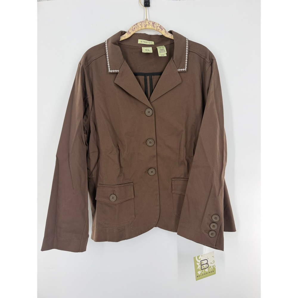 nwt womens brown stretch cotton embroidered blazer jacket size xl office siren